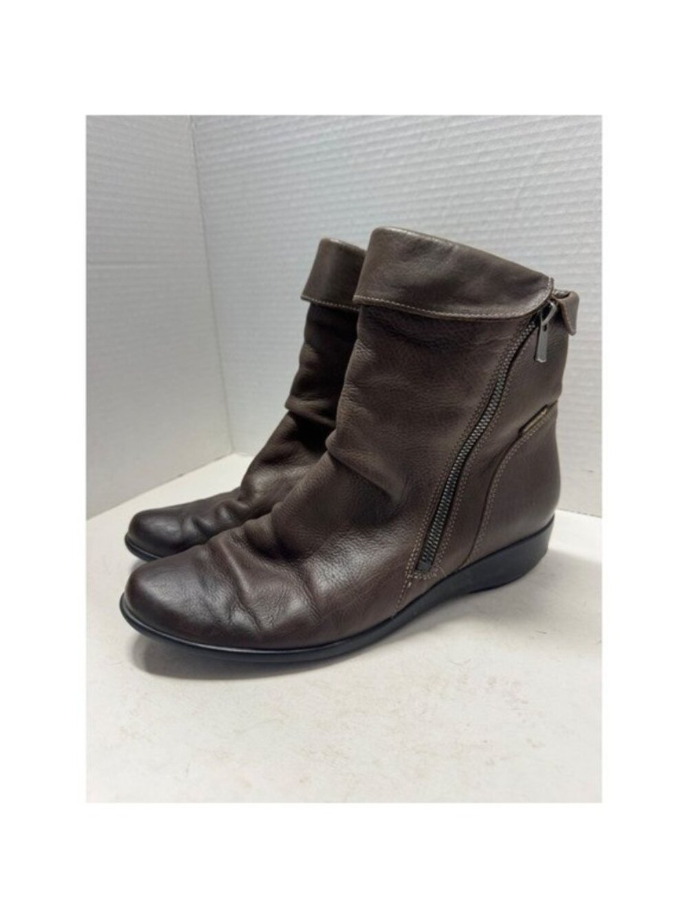 Mephisto Brown Leather Side Zip Ankle Boots Fold Over Cuff Low Wedge Heel 8.5
